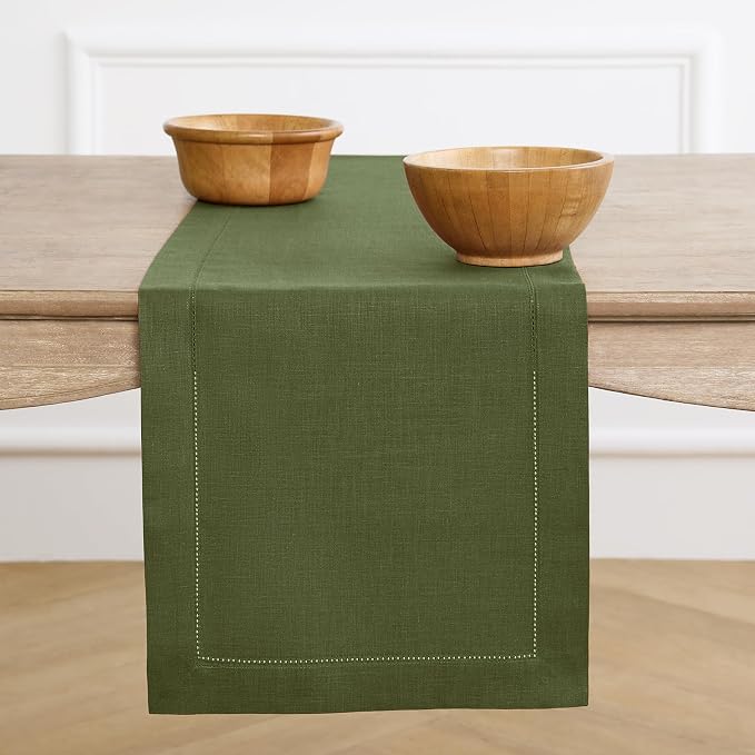Solino Home 100% Linen Table Runner Olive, Classic Hemstitch 14 x 144 in | by SolinoHome