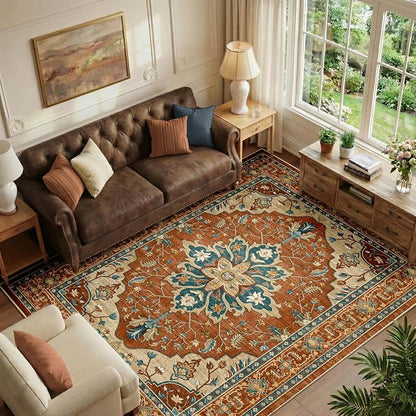 RELEANY Area Rugs 6'x8' Washable Non-Slip, Floral Vintage Distress Medallion by RELEANY