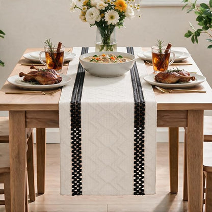 Artoid Mode Black Stripe Woven Rustic Table Runner 12x72 Inch | Holiday Kitchen - Image 2