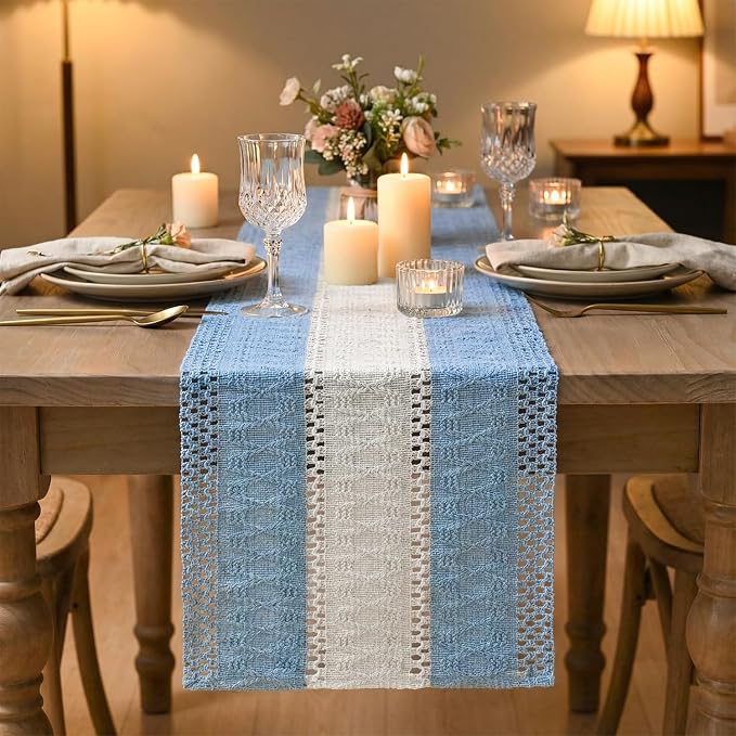 Artoid Mode Sky Blue Farmhouse Woven Table Runner 12x36 Inch | Holiday Rustic - Image 2