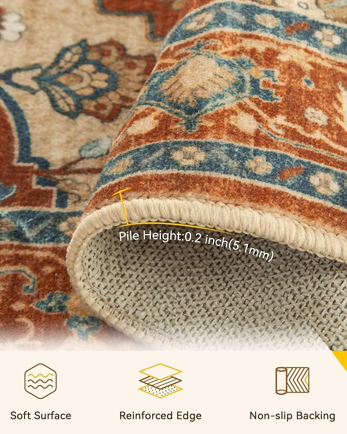 RELEANY Area Rugs Round 5ft Washable Non-Slip, Floral Vintage Distress - Image 3