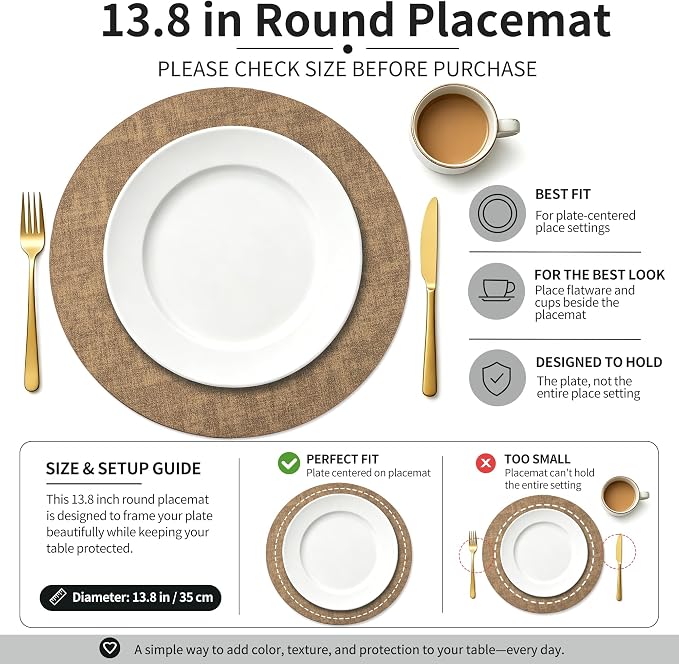 Maxpearl Faux Leather Round Placemats Set of 6, 13.8 inch, Heat Resistant - Image 2