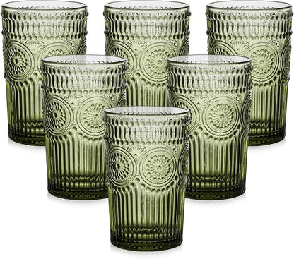 ZMOWIPDL Drinking Glasses Set of 6, 13oz Flower Design Green Glass Cups | by ZMOWIPDL