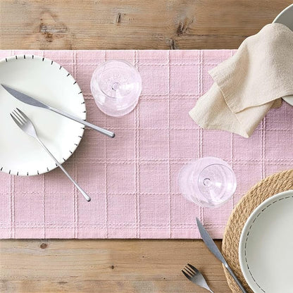 Linen Checked Farmhouse Table Runner, 13x48 Inches Pink | Raised Grid Design - Image 7