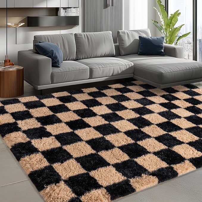 Shag Rugs for Living Room 9x12, Ultra Soft Checkered Black Beige Big Fuzzy Rugs - Image 2