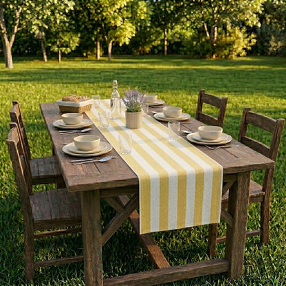 Folkulture Fall Table Runner 90 Inches Long | Yellow & White Striped | Table - Image 7