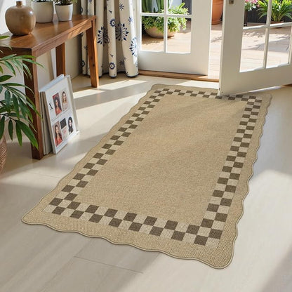 LIVEBOX Scalloped Easy Jute Checkered 3x5 Outdoor Rug, Washable Non-Slip Tan by LIVEBOX