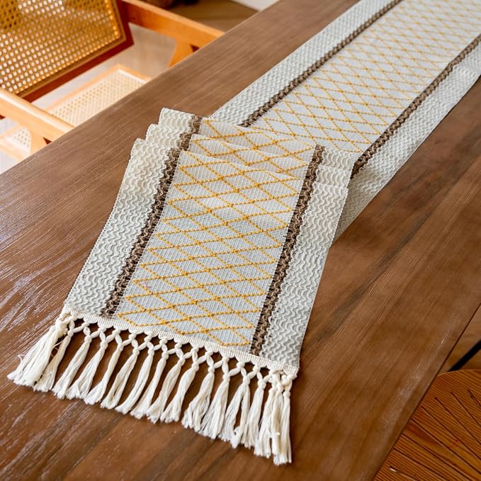 EMMTEEY Macrame Table Runner Boho Style 72 Inches Long, Hexagonal Yellow | - Image 3