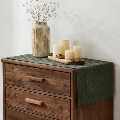 Artisanal Grid Linen Table Runner, 13x90 Inches Army Green | Heavy Textured - Image 3