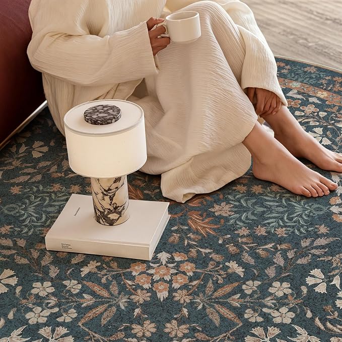 jinchan Zenith Round Rug 6ft Area Rug Soft 6'Round Vintage Floral Rug Non-Slip - Image 5