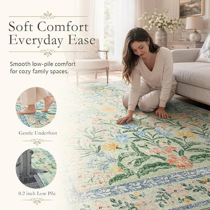 Wonnitar Washable Floral 6x9 Rug, Soft Green Area Rug Boho Non Slip Dining Room - Image 4
