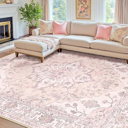RELEANY Area Rugs 7'x9' Washable Non-Slip, Floral Vintage Distress Medallion by RELEANY