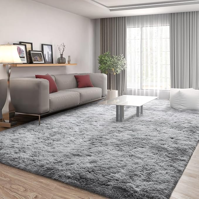FlyDOIT Large Area Rugs for Living Room, 5x8 Feet Tie-Dyed Light Grey Shaggy - Image 2