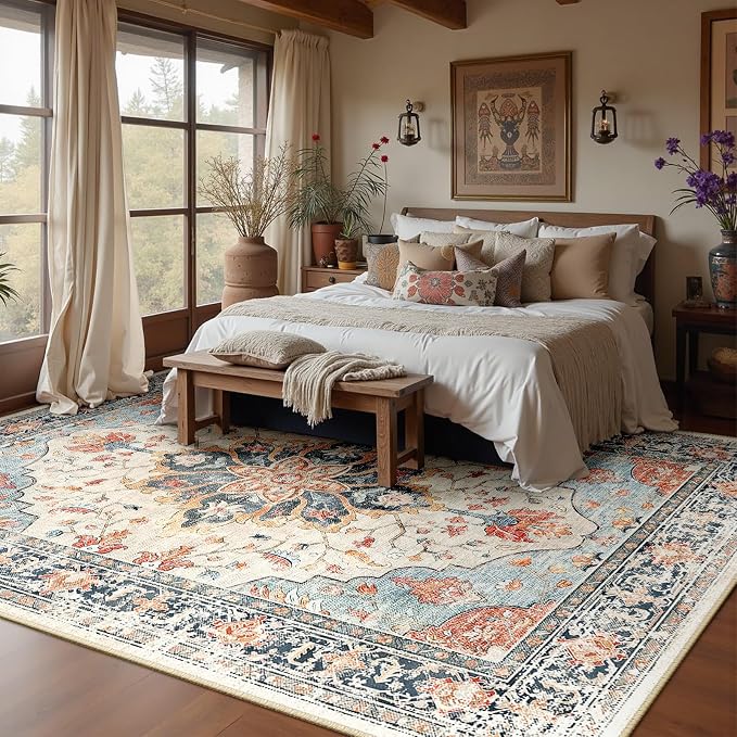 RELEANY Area Rugs Large 9'x12' Washable Non-Slip, Floral Vintage Distress - Image 2