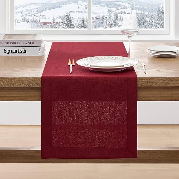 Linen Textured Border Table Runner, 14 x 72 Inch Red | Mitered Corner Design by ZEEMARTONLINE
