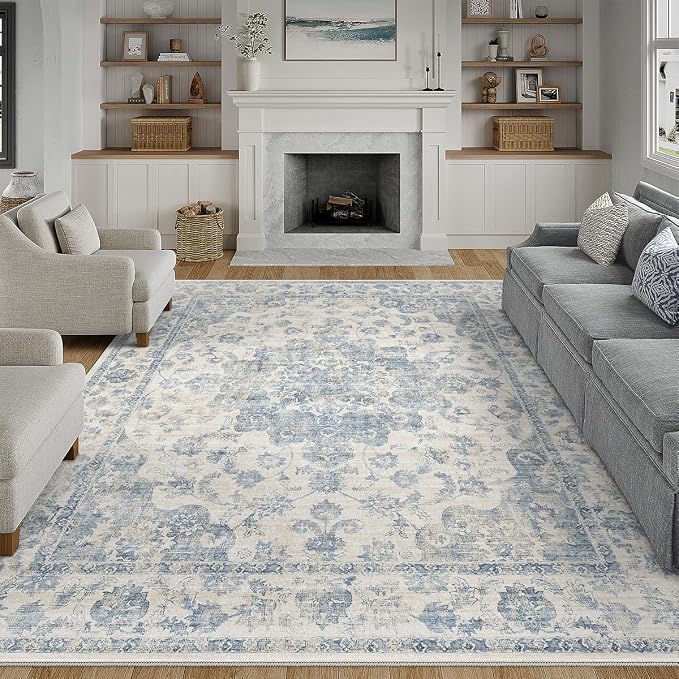 10x14 Neutral Area Rug Blue Vintage Living Room Bedroom Washable Carpet by WondRg