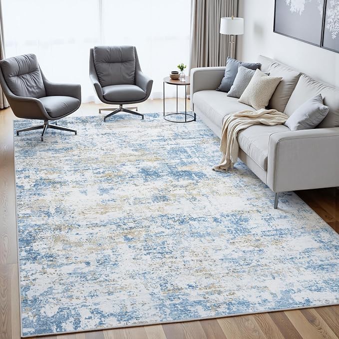 Area Rug 8x10 Living Room Rug Washable: No-Slip Abstract Soft Thin Large Blue - Image 3