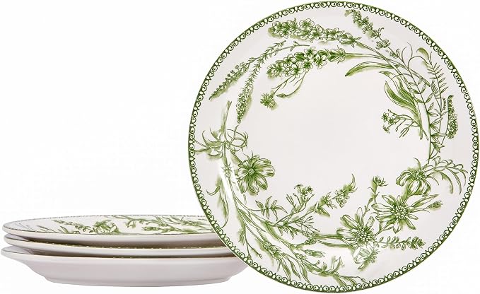 Bico Green Garden Toile De Jouy Salad Plates Set of 4, 8.75 Inch Ceramic by Bico