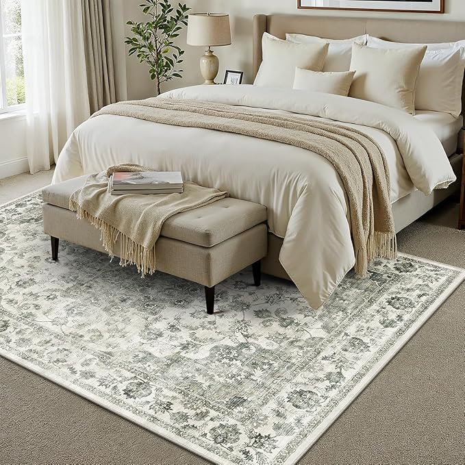 9x12 Neutral Area Rug Green Vintage Living Room Bedroom Washable Carpet - Image 2