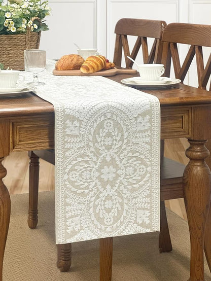 KEVA Boho Table Runner 36inches Long, Farmhouse Rustic Vintage White - Image 6