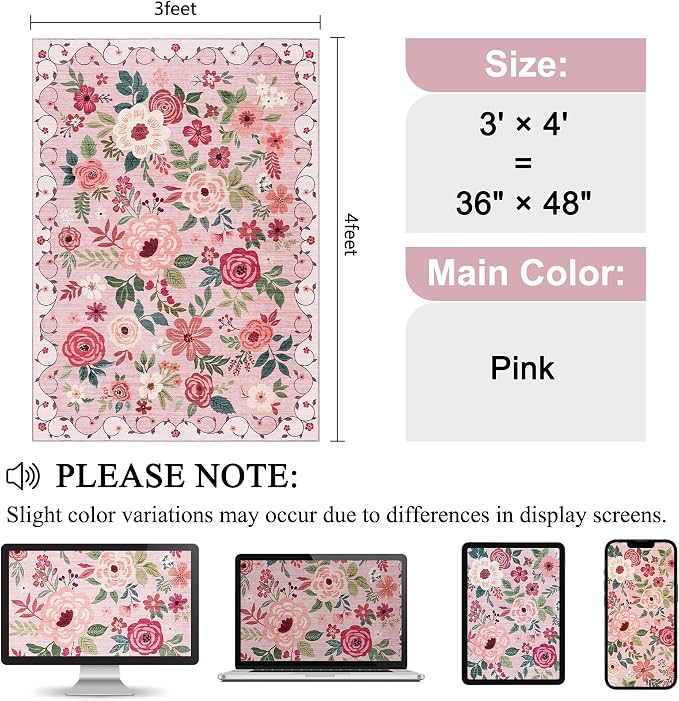 DUKINO 3x4 Area Rug, Lightweight Non Slip Washable Floral Rug, Indoor Low Pile - Image 2