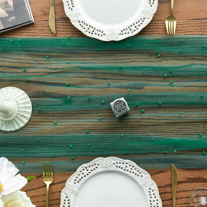Artoid Mode Pearl Dark Green Gauze Table Runner 59x120 Inch, Seasonal Sheer - Image 2