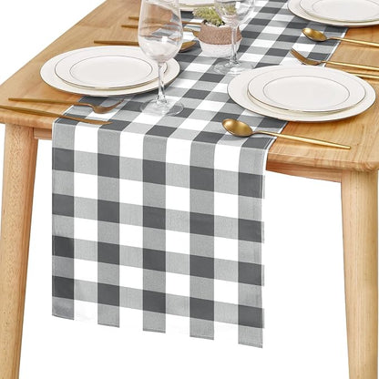 Buffalo Plaid Table Runner Grey and White 14W x 60L, 1 Piece | Waterproof by Hiasan