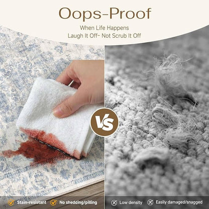 2x12 Washable Neutral Runner Rug Blue Vintage Hallway Kitchen Carpet Non-Slip - Image 5