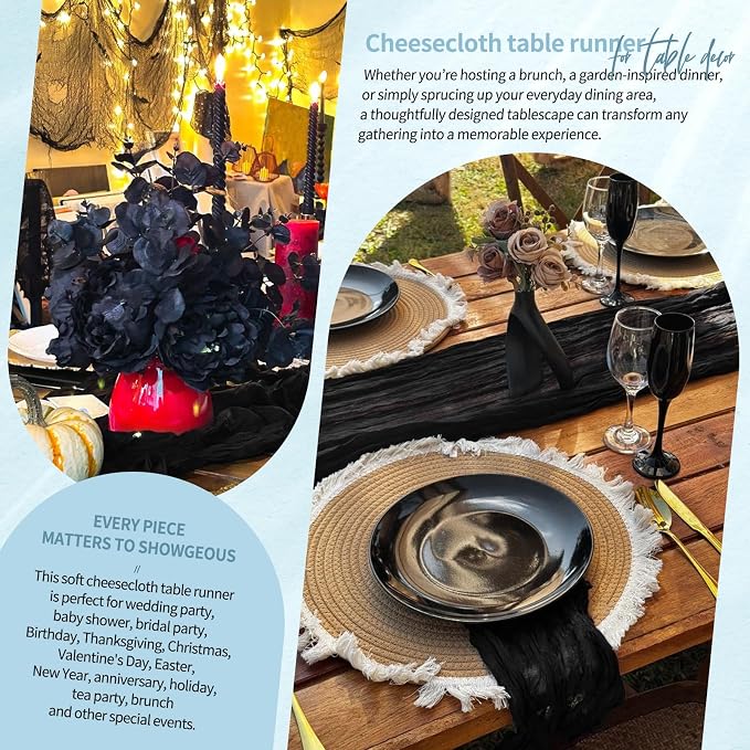 Showgeous 2 Pack Black Cheesecloth Table Runners Boho Wedding Decor | Rustic - Image 8