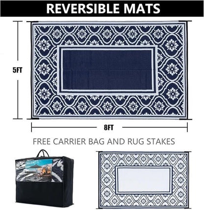 HUGEAR Outdoor Patio Rug 5'x8' Waterproof Outside Area Rugs Blue Reversible - Image 2