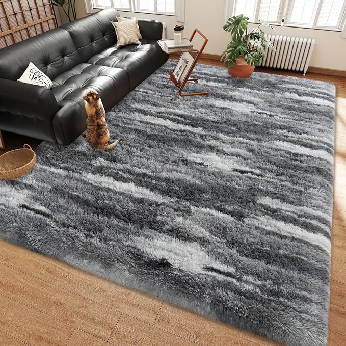 Shag Rugs for Living Room 9x12, Ultra Soft Abstract Grey Big Fuzzy Rugs for - Image 2