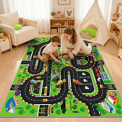 Kids Play Rug 4x5 Ft, Non-Slip Race Track Car Rug Play Mat, Washable Soft Road - Image 4