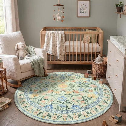 Wonnitar Washable Round Area Rug, 5ft Green Floral Round Rug Boho Soft Circle - Image 3