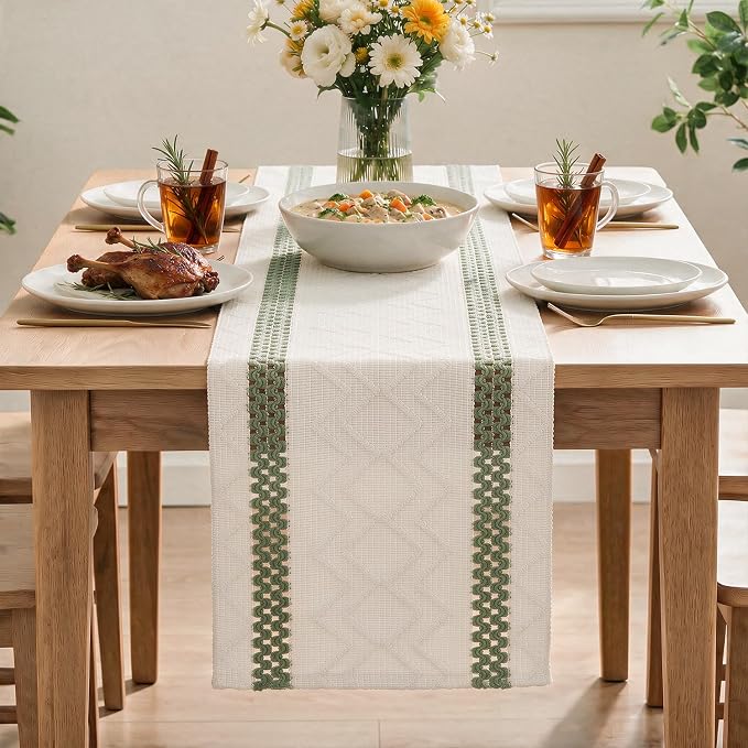 Artoid Mode Sage Green Stripe Woven Rustic Table Runner 12x90 Inch | Holiday - Image 2