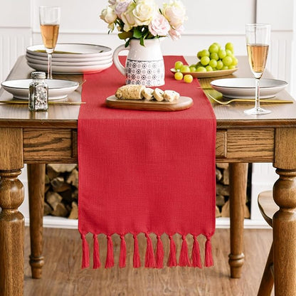Artoid Mode Red Tassel Table Runner, Christmas New Year Linen Blend Rustic - Image 3