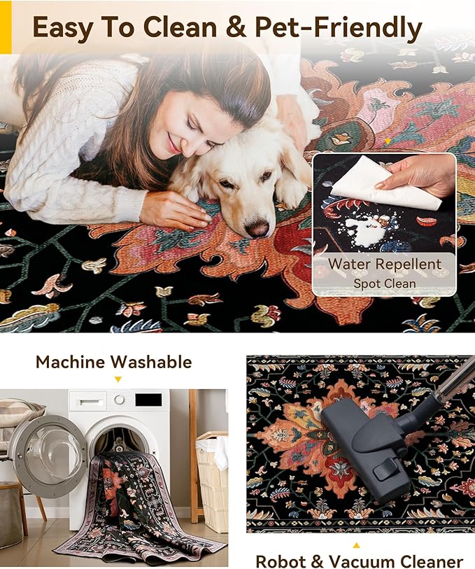 RELEANY Area Rugs Square 10ft Washable Non-Slip, Floral Vintage Distress - Image 3