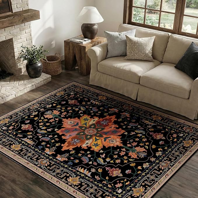 RELEANY Area Rugs 4'x5' Washable Non-Slip, Floral Vintage Distress Medallion - Image 3