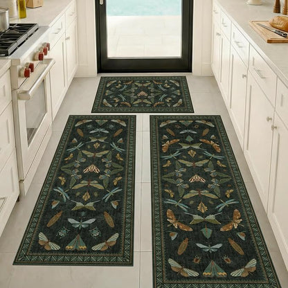 JTJ Botanical Insect Kitchen Rug Set of 3, Dark Green Nature Inspired Floor Mats - Image 6
