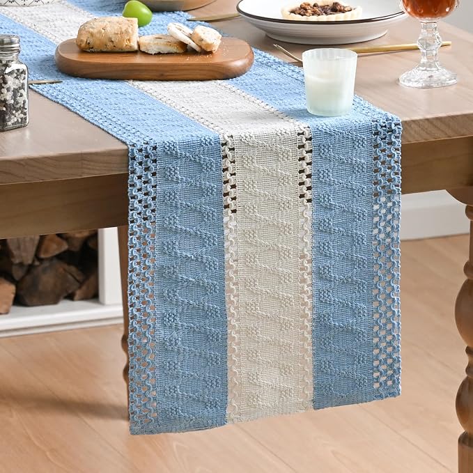 Artoid Mode Sky Blue Farmhouse Woven Table Runner 12x36 Inch | Holiday Rustic by ArtoidMode