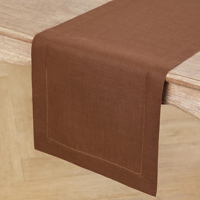Solino Home 100% Pure Linen Dining Table Runner Brown Hemstitch, 14 x 72 in | - Image 2