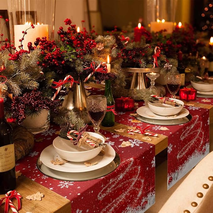Red Christmas Table Runner 90 Inches Long, Xmas Tree Balls Snowflake Table - Image 6