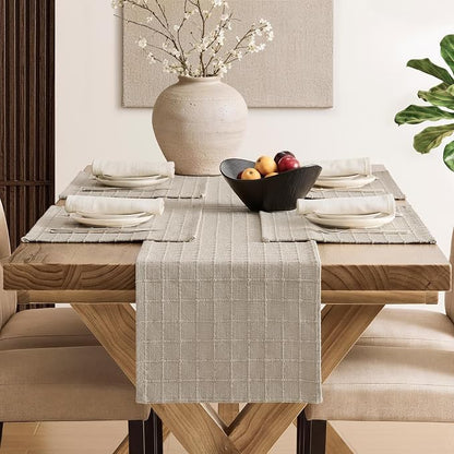 Artisanal Grid Linen Table Runner, 13x48 Inches Oatmeal | Heavy Textured - Image 4
