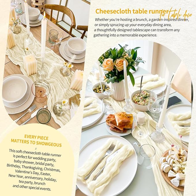 Showgeous 2 Pack Beige Cheesecloth Table Runners Boho Wedding Decor | Rustic - Image 8
