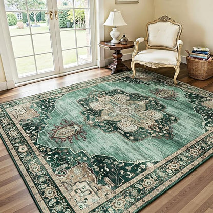 Lofus 5x7 Emerald Green Washable Rugs Non-Slip, Vintage Floral Area Rug by Lofus