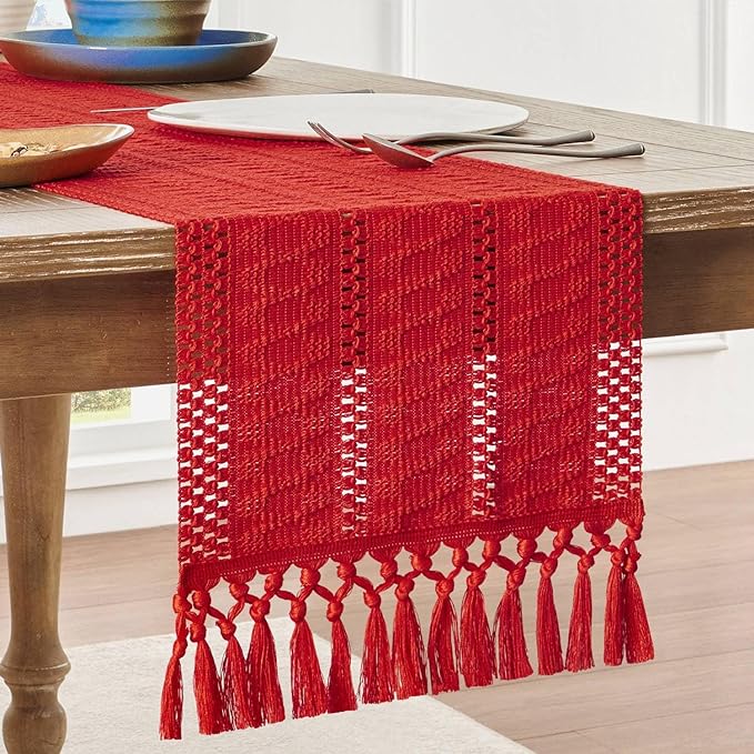 Macrame Style Boho Table Runner, 12x48 Inch Red | Woven Boho Table Runner by ZEEMARTONLINE