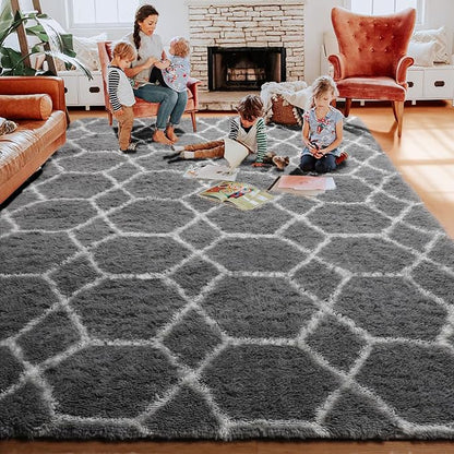 ONASAR 5x7 Area Rugs for Living Room Bedroom, Fluffy Grey and White Faux Fur - Image 6