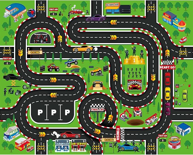 Kids Play Rug 4x5 Ft, Non-Slip Race Track Car Rug Play Mat, Washable Soft Road - Image 2