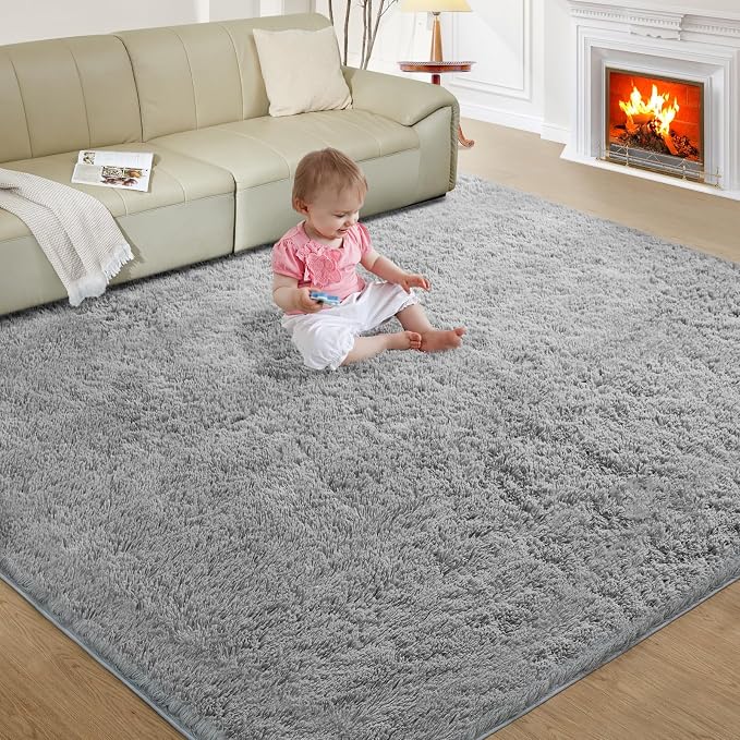 Ultra Soft Rug for Living Room, 8X10 Light Grey Fluffy Shag Area Rug for Bedroom by Fairblink