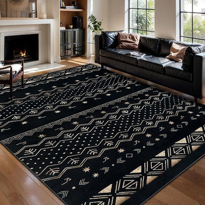 SERISSA 5x7 Area Rugs for Living Room, Washable Non-Slip Black Gold Grad Boho by SERISSAHomeDecorCollection