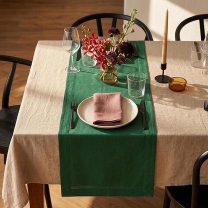 Solino Home 100% Pure Linen Table Runner Pine Green, Fete 14 x 120 in Long | by SolinoHome